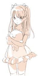  1girl bare_shoulders bow closed_mouth collarbone commentary_request cowboy_shot dot_mouth dot_nose expressionless frilled_nightgown hair_bow hugging_doll hugging_object kokudou_juunigou long_hair looking_at_viewer nightgown original parted_bangs simple_background solo strap_slip stuffed_toy thigh-highs two_side_up white_background white_nightgown 