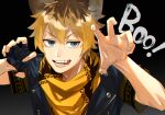  1boy bandana black_gloves blue_eyes boo_(mario) brown_hair claw_pose fangs fingerless_gloves fingernails gloves grey_background hair_between_eyes highres hyena_boy hyena_ears male_focus mirin_(coene65) ruggie_bucchi short_hair short_sleeves single_fingerless_glove solo teeth tongue tongue_out twisted_wonderland yellow_bandana 