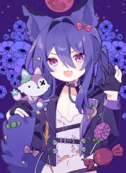  1boy :d animal_collar animal_ears black_gloves black_jacket bow candy chain chain_leash chest_harness claw_pose collar crescent crop_top cross-laced_jacket ensemble_stars! fang flower food full_moon gloves hair_between_eyes hair_bow hair_intakes hair_ornament half_gloves halloween_costume harness highres hip_strap holding_own_tail jacket kanzaki_souma leash lollipop long_hair long_sleeves looking_at_viewer lupine_halloween_(ensemble_stars!) male_focus midriff moon navel o-ring_collar official_alternate_costume open_clothes open_jacket oryyyv pectoral_cleavage pectorals ponytail purple_flower purple_hair red_moon shirt sidelocks skin_fang sleeve_cuffs smile solo star_(sky) star_(symbol) star_hair_ornament stitches stuffed_fox swirl_lollipop tail tail_bow tail_ornament torn_clothes torn_shirt upper_body v-shaped_eyebrows very_long_hair violet_eyes werewolf_costume white_shirt wolf_boy wolf_ears wolf_tail wrapped_candy 