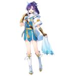  1girl ahoge alternate_costume arm_guards asahikawa_hiyori belt boots dress feather_trim fingerless_gloves fir_(fire_emblem) fir_(resplendent)_(fire_emblem) fire_emblem fire_emblem:_the_binding_blade fire_emblem_heroes full_body fur_trim gloves gold_trim gradient_clothes hair_ornament hand_up highres holding knee_boots long_hair non-web_source official_alternate_costume official_art open_mouth purple_hair scarf short_dress short_sleeves side_ponytail solo standing transparent_background violet_eyes 