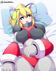  1girl :d aged_up android antennae arm_behind_back arm_up armor armored_boots arms_up bikini bikini_armor black_gorget blonde_hair blue_background blue_eyes blush bodysuit boots breastplate breasts censored clenched_hands closed_mouth commentary_request covered_navel cowboy_shot earphones gorget green_eyes green_ribbon grey_bodysuit groin hair_between_eyes hair_ribbon hairband hand_on_own_stomach headphones high_ponytail hyper_roll_(marvel_vs._capcom) ikanomaru joints knee_boots knee_pads large_breasts long_hair looking_at_viewer looking_down lying marvel_vs._capcom marvel_vs._capcom_2 mechanical_arms mechanical_legs mega_man_(classic) mega_man_(series) metal_gloves on_back on_bed open_mouth pillow ponytail radio_antenna red_armor red_bikini red_eyes ribbon robot robot_girl robot_joints roll_(mega_man) shoulder_armor sidelocks signature simple_background smile solo swimsuit teeth upper_teeth_only variant_set white_background 