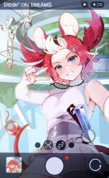  4girls absurdres animal_ears black_hair black_streaks blue_eyes commentary day english_commentary fake_phone_screenshot fake_screenshot grin hair_ornament hairclip hakos_baelz highres hololive hololive_english hololive_super_expo_2026_outfit hoshimachi_suisei jewelry long_sleeves looking_at_viewer mouse_ears mouse_girl mouse_tail mr._squeaks_(hakos_baelz) multicolored_hair multiple_girls namiorii necklace outdoors red_hair sakura_miko selfie shirakami_fubuki smile solo_focus streaked_hair tail taking_picture teeth twintails two-tone_hair upside-down v virtual_youtuber white_hair white_streaks 