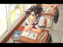 2girls bad_id black_hair blue_sailor_collar book briefcase chair classroom curtained_hair curtains desk elbow_rest eraser hand_on_own_cheek hand_on_own_face head_rest indoors kurubushi_(kurubusi) looking_at_viewer loose_socks multiple_girls necktie on_chair open_book original parted_lips pencil_case ponytail red_necktie sailor_collar school_briefcase school_chair school_desk school_uniform serafuku shirt shoes short_hair short_ponytail short_sleeves sitting socks solo_focus textbook tile_floor tiles traditional_media watch watch white_shirt white_shoes white_socks window yellow_eyes 