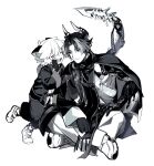  2boys animal_ears arknights cat_boy cat_ears chong_yue_(arknights) cloak closed_mouth colored_skin dragon_boy dragon_horns dragon_tail fingerless_gloves full_body gloves highres horns ieiieiiei jacket looking_at_another luo_xiaohei luo_xiaohei_zhanji monochrome multiple_boys open_mouth pants pointy_ears shirt shoes simple_background smile sneakers tail teeth upper_body upper_teeth_only white_background 