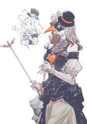 1girl bare_shoulders black_dress black_hat braces brown_eyes brown_hair chibi chibi_inset chichan54_(clubhappy) clothing_cutout commentary_request dress hat highres holding holding_rod juliet_sleeves long_hair long_sleeves mini_hat mini_top_hat multiple_views official_alternate_costume plague_doctor_mask puffy_sleeves reverse:1999 rod see-through_clothes see-through_veil shoulder_cutout tooth_fairy_(reverse:1999) top_hat upper_body veil white_background 