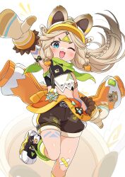  1girl ;3 ;d animal_ears arm_tattoo arm_up armlet artist_name bandaid bandaid_on_leg bandana bandana_around_neck black_boots black_shirt blue_eyes blush boots braid braided_sidelocks brown_hair brown_shorts clothes_around_waist commentary_request crop_top crossed_bandaids dark-skinned_female dark_skin eyelashes floating_hair fur-trimmed_mittens fur_trim genshin_impact green_bandana high_ponytail highres jewelry kachina_(genshin_impact) kamuraaa_615 leg_tattoo leg_up long_hair looking_at_viewer mittens notice_lines one_eye_closed open_mouth parted_bangs paw_shoes ponytail puffy_shorts shirt short_eyebrows short_shorts shorts sidelocks signature simple_background sleeveless sleeveless_shirt smile solo tail tattoo visor_cap white_background white_mittens white_shirt 