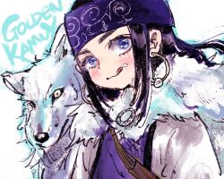  1girl :p ainu ainu_clothes animal asirpa black_hair blue_eyes blush cloak commentary_request copyright_name earrings fur_cloak golden_kamuy headband hoop_earrings jewelry pinoko_(ame) retar smile tongue tongue_out upper_body white_wolf wolf 