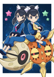  black_eyes black_hair blue_jacket blue_pants blue_shoes blush border brother_and_sister closed_mouth commentary_request hair_bun hair_ribbon highres jacket liza_(pokemon) looking_at_viewer lunatone outside_border pants pokemon pokemon_(creature) pokemon_oras ribbon shoes siblings sitting_on_pokemon smile solrock star_(sky) starry_sky_background tate_(pokemon) twins white_border white_ribbon yuu_(jgvj7873) 