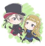  2girls ange_(princess_principal) black_cape black_dress black_footwear blonde_hair blue_bow blue_dress blue_eyes blush boots bow brown_hair cape cavorite_ball chibi dress floating highres holding_hands looking_at_another multiple_girls princess_(princess_principal) princess_principal purple_cape signature smile xin_(blueramen) 