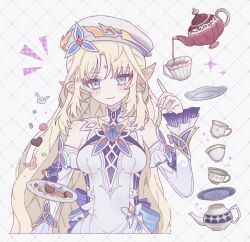  1girl artist_name beret blonde_hair blue_eyes blush breasts candy chocolate closed_mouth commentary cross-shaped_pupils cup detached_sleeves dress english_commentary facial_mark food forehead_mark frilled_sleeves frills genshin_impact hair_ribbon hand_up hat heart heart-shaped_chocolate heart-shaped_food highres index_finger_raised jelly_bean long_hair long_sleeves looking_at_viewer medium_breasts nicole_reeyn notice_lines parted_bangs plate pouring ribbon saucer sidelocks sleeveless sleeveless_dress smile solo sparkle star_(symbol) symbol-shaped_pupils tea teacup teapot twitter_username upper_body very_long_hair white_background white_dress white_hat white_sleeves yapc03 