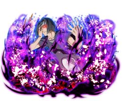  1boy black_hair black_shirt forehead_protector glowing glowing_eyes looking_at_viewer naruto_(series) naruto_shippuuden:_ultimate_ninja_blazing official_art red_eyes shirt short_sleeves solo uchiha_itachi 