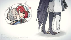  2girls ^_^ black_boots black_cape boots cape closed_eyes footwear_focus grey_background grey_hair grey_pants hair_ornament hat heart kiss kissing_cheek long_skirt marsha_(reverse:1999) mole mole_under_eye multiple_girls open_mouth pants pants_tucked_in pants_under_skirt piruze red_hair reverse:1999 sentinel_(reverse:1999) skirt speech_bubble spoken_character tiptoes twitter_username white_boots white_hat white_skirt yuri 