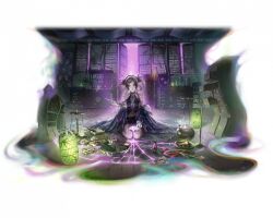  1girl artist_request ayiguo_(path_to_nowhere) belt black_shirt black_skirt blue_shawl boiling bottle bowl braid braided_hair_rings brown_hair candle carpet cauldron closed_mouth distortion drawer fire glass_bottle grey_eyes hair_rings halterneck highres holding holding_bowl indoors ingredients kneeling looking_at_viewer mortar_(bowl) official_art open_door path_to_nowhere pestle pink_liquid purple_belt ritual shawl shirt skirt sleeveless smile spider_hair_ornament spilling swept_bangs twin_braids weighing_scale 