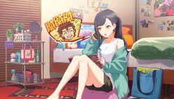  1girl :o aqua_cardigan asymmetrical_sidelocks azusawa_kohane bag bare_legs barefoot bed bedroom black_hair black_shorts blue_bag blue_hair breasts brown_hair cardigan cardigan_partially_removed cellphone closed_eyes closed_mouth collarbone colorful_palette dolphin_shorts dot_nose english_text facial_hair father_and_child father_and_daughter feet_out_of_frame game_cg gradient_hair highres indoors knees_up kotaki_nagi laughing long_hair long_single_sidelock long_sleeves medium_breasts multicolored_hair notice_lines official_art open_cardigan open_clothes open_mouth orange_eyes overcome_one's_limits_(project_sekai) parent_and_child phone photo_(object) picture_frame pillow plant ponytail potted_plant project_sekai shiraishi_an shiraishi_ken shopping_bag short_shorts shorts sidelocks single_bare_shoulder sitting smartphone spoken_character stuffed_toy sweatdrop swept_bangs talking talking_on_phone tank_top third-party_source u_u v-shaped_eyebrows white_tank_top 