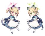  2girls animal_ear_headphones animal_ears apron black_dress black_footwear blonde_hair blue_archive cat_tail closed_mouth dress fake_animal_ears frilled_apron frills full_body green_eyes green_halo halo headphones korean_commentary long_sleeves looking_at_viewer maid maid_apron maid_headdress midori_(blue_archive) midori_(maid)_(blue_archive) momoi_(blue_archive) momoi_(maid)_(blue_archive) multiple_girls official_alternate_costume open_mouth pantyhose pink_halo red_eyes shoes short_hair siblings simple_background sisters smile sob_(submar1089) tail twins white_apron white_background white_pantyhose 