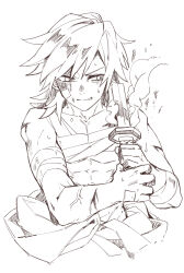  1boy abs broken broken_sword broken_weapon chest_sarashi collarbone greyscale hair_between_eyes highres holding holding_sword holding_weapon katana kimetsu_no_yaiba long_hair looking_to_the_side low_ponytail male_focus monochrome ponytail sarashi simple_background smoke solo spiky_hair sweat sword t0uji tomioka_giyuu toned toned_male veins weapon white_background 