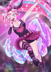 1girl asymmetrical_legwear belt blurry blurry_background blush bow bracelet concert cookie_run cookie_run:_kingdom glitter glitter_in_hair glowstick hair_ornament heart heart_on_cheek holding holding_microphone humanization jewelry long_hair looking_at_viewer makeup microphone multicolored_hair music one_eye_closed open_mouth pink_hair ponytail shining_glitter_cookie shirt singing skirt sleeveless sleeveless_shirt smile solo tank_top tattoo third-party_source true_beads two-tone_hair