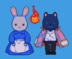  1boy 1girl :3 alt_text apron argyle_clothes argyle_coat black_pants blue_background blue_cat blue_dress blue_eyes brown_eyes calcifer cat cat_boy coat coat_on_shoulders collared_shirt commentary dress earrings english_commentary fire floating full_body furrification furry highres howl_(howl_no_ugoku_shiro) howl_no_ugoku_shiro jewelry long_sleeves meyoco necklace pants pink_coat rabbit_girl shirt simple_background sophie_hatter_(howl_no_ugoku_shiro) standing sylvanian_families waist_apron 
