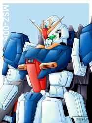  absurdres aeug cable character_name english_commentary gabbu_ojii glowing glowing_eyes green_eyes gun gundam highres machine_gun mecha mecha_focus mobile_suit no_humans robot science_fiction signature v-fin weapon zeta_gundam zeta_gundam_(mobile_suit) 