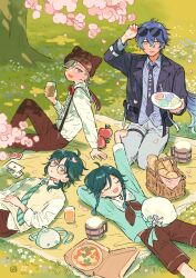  4boys adjusting_eyewear ahoge animal_bag apple aqua_hair arm_support bag beer_mug black_necktie blue_eyes bow bowtie braid bread brown_hat brown_neckerchief brown_pants brown_shorts card cherry_blossoms commentary_request cup day diagonal-striped_clothes diagonal-striped_necktie flins_(genshin_impact) flower food fruit genshin_impact glasses grass hair_over_one_eye hand_on_own_stomach hat highres holding holding_cup holding_plate jacket lapels looking_at_viewer lying lyney_(genshin_impact) macaron mug multiple_boys neckerchief necktie on_back open_clothes open_jacket outdoors pants picnic picnic_basket picnic_blanket pink_flower pizza pizza_box plate playing_card red_bow red_bowtie round_eyewear seiza shiro_chan46 shirt_tucked_in shorts sitting striped_clothes sunglasses suspender_pants tree twin_braids venti_(genshin_impact) xiao_(genshin_impact) yellow_eyes 