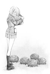  1girl closed_eyes commentary_request creature from_side full_body grass greyscale hair_between_eyes hair_ornament hairclip heaven_burns_red highres holding holding_creature hug jacket kayamori_ruka kneehighs long_sleeves miniskirt monochrome narby_(heaven_burns_red) o_o on_ground outdoors parallel_hairclips partial_commentary plaid_clothes plaid_skirt pleated_skirt profile short_hair simple_background skirt slime_(creature) socks solo standing white_background xxsaakoxx 