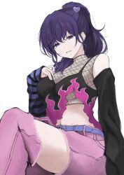  a_dayo00 arm_warmers asahina_mafuyu asymmetrical_sleeves belt black_sleeves black_tank_top breasts clothing_cutout commentary_request denim denim_shorts detached_sleeves fishnet_top fishnets hair_ornament heart heart_hair_ornament highres jeans long_hair multicolored_tank_top naughty_face navel pants pink_pants pink_tank_top ponytail project_sekai purple_arm_warmers purple_belt purple_hair shorts smile striped_arm_warmers tank_top torn_clothes torn_jeans torn_pants under_boob underboob_cutout violet_eyes 