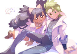  1boy 1girl :d absurdres black_hair blurry blurry_background blush brown_sandals cilan_(pokemon) closed_mouth coat collarbone commentary_request dark-skinned_female dark_skin dress feet_out_of_frame green_eyes green_hair grey_pants grey_shirt highres iris_(pokemon) jewelry long_hair long_sleeves looking_at_viewer necklace open_clothes open_coat open_mouth pants pokemon pokemon_sv red_eyes sandals serizawa_serizane shirt short_hair simple_background sitting smile sweatdrop twitter_username white_background white_coat white_dress 