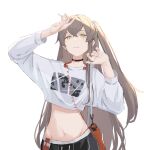  1girl absurdres bag black_choker brown_hair choker closed_mouth girls_frontline hair_between_eyes headphones headphones_around_neck highres long_hair looking_at_viewer masshiromilktea11014 one_side_up orange_bag print_shirt scar scar_across_eye shirt shoulder_bag ump45_(corona_sunset)_(girls&#039;_frontline) ump45_(girls&#039;_frontline) white_background white_shirt yellow_eyes 