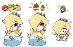  2girls 4boys bare_shoulders blonde_hair blue_dress blue_eyes blue_luma blush bowser bowser_jr. brooch closed_mouth collarbone commentary crown dress earrings eyelashes facial_hair father_and_child father_and_son green_hat green_luma hair_over_one_eye hat highres jewelry luigi luma_(mario) mario mimimi_(mimimim9999) multiple_boys multiple_girls multiple_views mustache off-shoulder_dress off_shoulder parent_and_child partially_shaded_face princess_peach red_hat rosalina star_(symbol) star_brooch star_earrings super_mario_bros. untranslatable_commentary upper_body white_background 