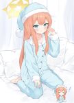  1girl barefoot blue_archive blue_eyes blue_headwear blue_pajamas blush buttons closed_eyes closed_mouth commentary_request hair_between_eyes halo hat highres k63sss long_hair long_sleeves mari_(blue_archive) multiple_views nightcap orange_hair pajamas parted_lips partial_commentary pillow pom_pom_(clothes) sleeping yellow_halo zzz 