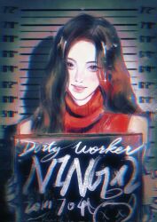  1girl aespa black_hair blush character_name dirty_work_(aespa) grey_hair head_tilt highres isin_yang k-pop long_hair looking_at_viewer mugshot ningning_(aespa) parted_lips real_life red_sweater ribbed_sweater sleeveless sleeveless_sweater smile solo sparkle sweater 