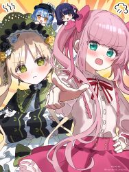  4girls aquarium_wa_odoranai black_flower black_rose blonde_hair blush bonnet bow chibi chibi_inset commentary_request crossed_arms crossover dress flower frilled_dress frills green_bonnet green_dress green_eyes hair_bow highres kitty_(aquarium_wa_odoranai) lolita_fashion long_hair looking_at_viewer lulu_(aquarium_wa_odoranai) mahou_shoujo_no_majo_saiban multiple_girls nene_man open_mouth pink_bow pink_hair pink_skirt pointing pout puff_of_air rose shirt simple_background skirt tachibana_sherry tono_hanna twintails white_shirt yellow_flower yellow_rose 