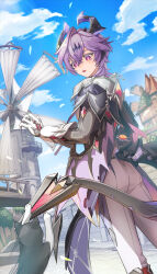  1boy absurdres black_horns blue_sky building cat clouds commentary_request day diamond-shaped_pupils diamond_(shape) dragon_boy dragon_horns dragon_tail durin_(genshin_impact) european_architecture feet_out_of_frame genshin_impact gloves grabbing_another's_tail hair_between_eyes highres horns long_sleeves looking_at_animal male_focus mondstadt_city multicolored_horns okkobc open_mouth outdoors pants purple_hair purple_horns pyro_symbol_(genshin_impact) short_hair signature sky solo symbol-shaped_pupils tail two-tone_horns violet_eyes vision_(genshin_impact) white_gloves white_pants windmill 