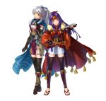  2girls absurdres arm_guards black_gloves black_thighhighs fingerless_gloves fire_emblem fire_emblem:_radiant_dawn fire_emblem_heroes gloves hair_ribbon half-siblings hand_on_own_chest headband highres holding holding_scroll japanese_clothes kita_senri long_hair looking_at_viewer micaiah_(fire_emblem) micaiah_(ninja)_(fire_emblem) multiple_girls ninja official_alternate_costume official_alternate_hairstyle official_art ponytail purple_hair ribbon sanaki_kirsch_altina sanaki_kirsch_altina_(ninja) scarf scroll siblings sisters smile thigh-highs white_background white_hair yellow_eyes zettai_ryouiki 