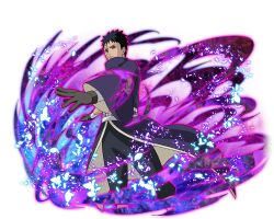  1boy black_gloves black_hair black_pants coat gloves heterochromia looking_at_viewer male_focus naruto_(series) naruto_shippuuden naruto_shippuuden:_ultimate_ninja_blazing official_art pants purple_coat red_eyes rinnegan sharingan short_hair solo teeth torn_clothes torn_coat uchiha_obito violet_eyes 