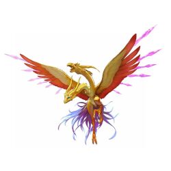 1boy aska_(tales) bird bird_legs bird_wings blue_sclera closed_mouth colored_sclera commentary fujishima_kousuke full_body horns magic monster monster_focus multiple_heads no_humans official_art open_mouth orange_wings red_sclera simple_background solo tales_of_(series) tales_of_symphonia third-party_source two-headed_bird two-tone_wings white_background wings yellow_wings 