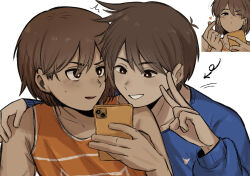 2boys antenna_hair arrow_(symbol) black_eyes blue_sweater bright_pupils brothers brown_hair collarbone commentary_request dark-skinned_male dark_skin double-parted_bangs hair_between_eyes hand_on_another's_shoulder hero_(faraway)_(omori) hero_(omori) highres holding holding_phone kel_(faraway)_(omori) kel_(omori) long_sleeves looking_at_another male_focus multiple_boys omori orange_tank_top parted_lips pasuta928008 phone short_hair siblings simple_background smile sweatdrop sweater tank_top v white_background white_pupils 
