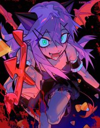  1girl :3 :d arm_at_side artist_name bare_arms bare_shoulders black_background black_dress black_horns blood blood_from_mouth blood_splatter bracelet breasts candy candy_corn commentary cowboy_shot demon_girl demon_horns demon_tail demon_wings double-parted_bangs dress eyes_visible_through_hair facial_mark fangs food foreshortening frilled_sleeves frills glowing glowing_eyes green_eyes grey_thighhighs hair_between_eyes hair_ornament hairclip halftone highres holding holding_pitchfork horns jewelry lace-trimmed_dress lace_trim leaning_forward long_hair long_sidelocks looking_at_viewer lower_teeth_only off-shoulder_dress off_shoulder open_mouth original par0llel parallel_hairclips pitchfork pleated_dress purple_hair reaching reaching_towards_viewer red_tail red_wings short_sleeves sidelocks simple_background sleeveless sleeveless_dress small_breasts smile solo spaghetti_strap square_eyes standing standing_on_one_leg tail teeth thigh-highs tongue tora_(par0llel) underlighting untranslatable_commentary wide-eyed wings zettai_ryouiki 