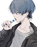  1boy black_jacket blue_nails candy character_request copyright_request ear_piercing flower_tattoo food grey_eyes grey_hair hand_up highres holding holding_candy holding_food holding_lollipop jacket lollipop long_sleeves male_focus nokoru_sora open_clothes open_jacket piercing shirt solo tattoo white_shirt 