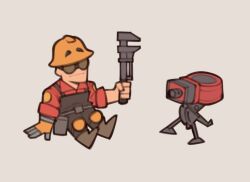  1boy :| belt belt_pouch black_overalls boots brown_belt brown_boots closed_mouth collared_shirt commentary deformed engineer_(tf2) english_commentary eyebrows_visible_through_hat fujimna full_body gloves goggles grey_background hard_hat helmet holding holding_wrench knee_pads male_focus orange_gloves orange_helmet overalls pouch red_engineer_(tf2) red_shirt sentry shirt simple_background single_glove sleeves_rolled_up solo team_fortress_2 wrench 