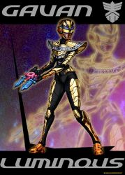  1girl armor armored_bodysuit black_bodysuit bodysuit breastplate character_mask chou_uchuu_keiji_gavan_infinity combat_helmet full_armor gauntlets gavan_luminous gavarion_laser gavarion_trigger gold_armor gold_helmet gun helmet highres holding holding_gun holding_weapon mask pauldrons science_fiction shoulder_armor solo tokusatsu weapon zwei_(daybreaker_lounge) 