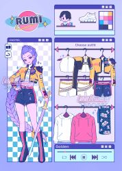  1girl artist_name black_jacket black_shorts blue_border border braid brown_eyes character_doll character_name clothes_hanger color_guide crop_top cropped_jacket doll earrings full_body gold_trim hand_on_own_hip highres holding holding_sword holding_weapon hood hoodie jacket jewelry jinu_(kpop_demon_hunters) kpop_demon_hunters l00llaby light_blush light_smile long_hair midriff official_alternate_costume parted_lips pink_hoodie purple_hair shirt shoes shorts shoulder_spikes single_braid single_shoulder_pad solo song_name spikes standing sword unworn_shoes very_long_hair weapon white_hoodie white_shirt white_shoes white_shorts 