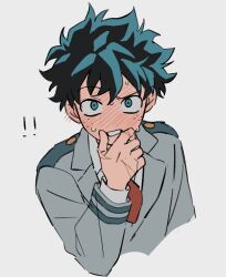  1boy blush boku_no_hero_academia cropped_torso freckles full-face_blush green_eyes green_hair grey_jacket hand_on_own_chin highres hnyktrqof111889 jacket male_focus midoriya_izuku necktie nervous_sweating red_necktie sanpaku school_uniform shirt short_hair simple_background solo suit_jacket sweat u.a._school_uniform white_background white_shirt wing_collar 