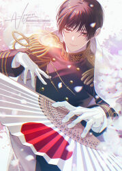  1boy absurdres aiguillette artist_name axis_powers_hetalia backlighting black_jacket black_pants blunt_ends brown_eyes brown_hair buttons cape cherry_blossoms closed_mouth commentary cowboy_shot epaulettes flag_print flower gloves gold_trim hair_between_eyes hand_fan hands_up highres holding holding_fan jacket japan_(hetalia) japanese_flag japanese_flag_print lips long_sleeves looking_at_viewer male_focus military_jacket military_uniform npyon pants petals pink_flower short_hair simple_background smile solo standing watermark white_background white_cape white_gloves 