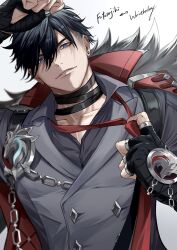  1boy adjusting_clothes adjusting_necktie aice_alice_ice black_choker black_gloves black_hair blue_eyes chain choker collared_shirt commentary_request cosplay earrings emblem english_text fingerless_gloves futasujihi_sadamune genshin_impact gloves grey_shirt highres jewelry looking_at_viewer male_focus multicolored_hair multiple_rings necktie pectoral_cleavage pectorals red_necktie ring shaved_mark shirt short_hair sideburns simple_background single_earring streaked_hair stud_earrings touken_ranbu undercut upper_body white_background wriothesley_(genshin_impact) wriothesley_(genshin_impact)_(cosplay) 