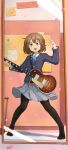  1girl :d absurdres black_pantyhose blazer blue_jacket blue_ribbon brown_eyes brown_hair candle_(1347627116) collared_shirt commentary_request electric_guitar full_body grey_skirt guitar hair_between_eyes hair_ornament hairclip highres hirasawa_yui indoors instrument jacket k-on! long_sleeves mirror neck_ribbon open_mouth pantyhose pleated_skirt ribbon sakuragaoka_high_school_uniform school_uniform shirt short_hair signature skirt smile solo standing teeth upper_teeth_only white_shirt winter_uniform 