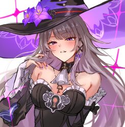  1girl bare_shoulders black_dress black_hat breasts brown_hair commentary_request detached_sleeves dress flower grey_hair hair_ornament hat hat_flower herta_(honkai:_star_rail) highres honkai:_star_rail honkai_(series) jewelry key key_necklace long_hair looking_at_viewer necklace purple_flower purple_nails sidelocks solo the_herta_(honkai:_star_rail) very_long_hair violet_eyes witch_hat x_hair_ornament yumiluna25 