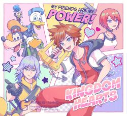  1girl 5boys aqua_eyes bare_shoulders black_choker black_gloves blue_coat blue_eyes blue_hat boots border breasts brown_hair bug camisole chest_strap choker closed_mouth coat cocoro_oq commentary_request copyright_name cricket crown_necklace disney dog_boy donald_duck duck_boy english_text fingerless_gloves gloves goofy green_sweater grey_hair hair_between_eyes hat hat_tip highres holding holding_weapon jacket jewelry jiminy_cricket kairi_(kingdom_hearts) keyblade kingdom_hearts medium_breasts medium_hair multiple_boys necklace open_mouth orange_hat outstretched_hand over_shoulder red_hair red_romper riku_(kingdom_hearts) romper short_hair smile sora_(kingdom_hearts) spiky_hair sweater top_hat vest weapon weapon_over_shoulder white_border white_camisole white_jacket yellow_boots yellow_vest 