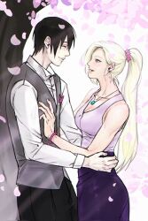  1boy 1girl bare_arms bare_shoulders black_hair blonde_hair blue_eyes blush bracelet cherry_blossoms closed_mouth collared_shirt couple earrings hair_over_one_eye hair_ribbon hand_on_another's_hip hand_on_another's_waist highres jamjam_nrt jewelry light_smile lips lipstick looking_at_another makeup messy_hair nail_polish naruto:_the_last naruto_(series) naruto_shippuuden necklace pale_skin pink_lips pink_nails ribbon sai_(naruto) shirt skirt sleeveless sleeveless_shirt smile vest waistcoat wedding white_shirt yamanaka_ino 