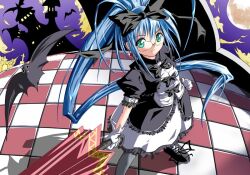  1girl animal aqua_eyes bad_id bat_(animal) black_bow black_shirt black_shoes blue_hair bow closed_mouth earrings fisheye foot_out_of_frame frilled_shirt frilled_skirt frills full_moon glasses gloves grey_pantyhose hair_bow holding holding_umbrella jewelry long_hair looking_at_viewer moon original outdoors pantyhose pink_umbrella ponytail puffy_short_sleeves puffy_sleeves shirt shoes short_sleeves skirt smile solo standing tile_floor tiles tombstone umbrella very_long_hair white_gloves white_skirt yokoyama_naoki 